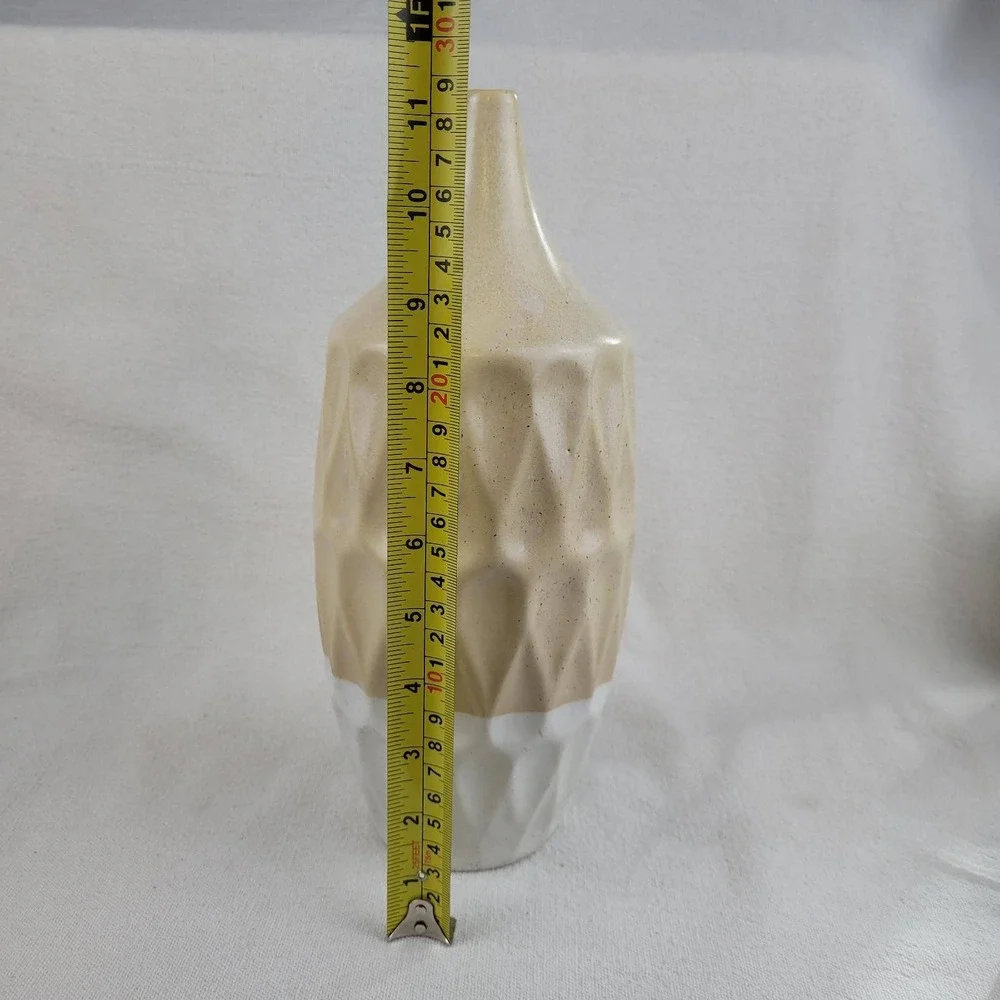 Modern Two Tone Geometric Ceramic Vase Textured Tan and White 11.25 Inch Decor‎